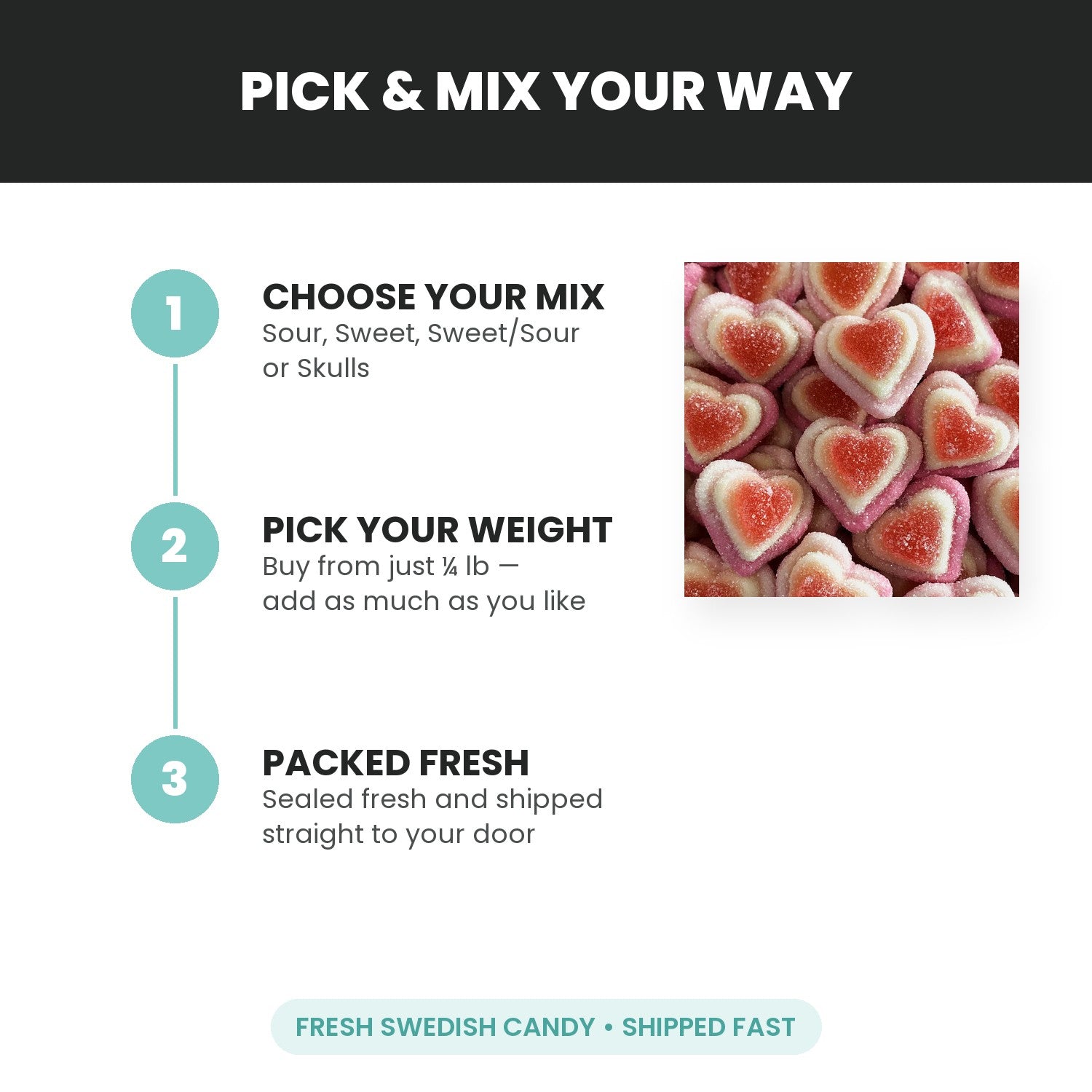 Pick & mix your way - choose your flavour, pick your size from a quarter pound, packed fresh